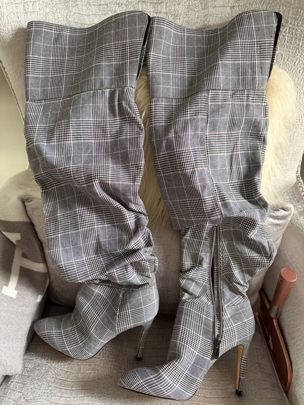 Renvy Gray Plaid Over-the-Knee Stiletto Boots